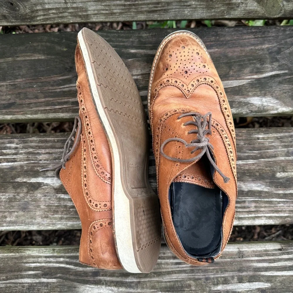 Cole Haan Morris Grand.OS Wingtip Oxford Tan Brown Leather Dress Shoes Size 9